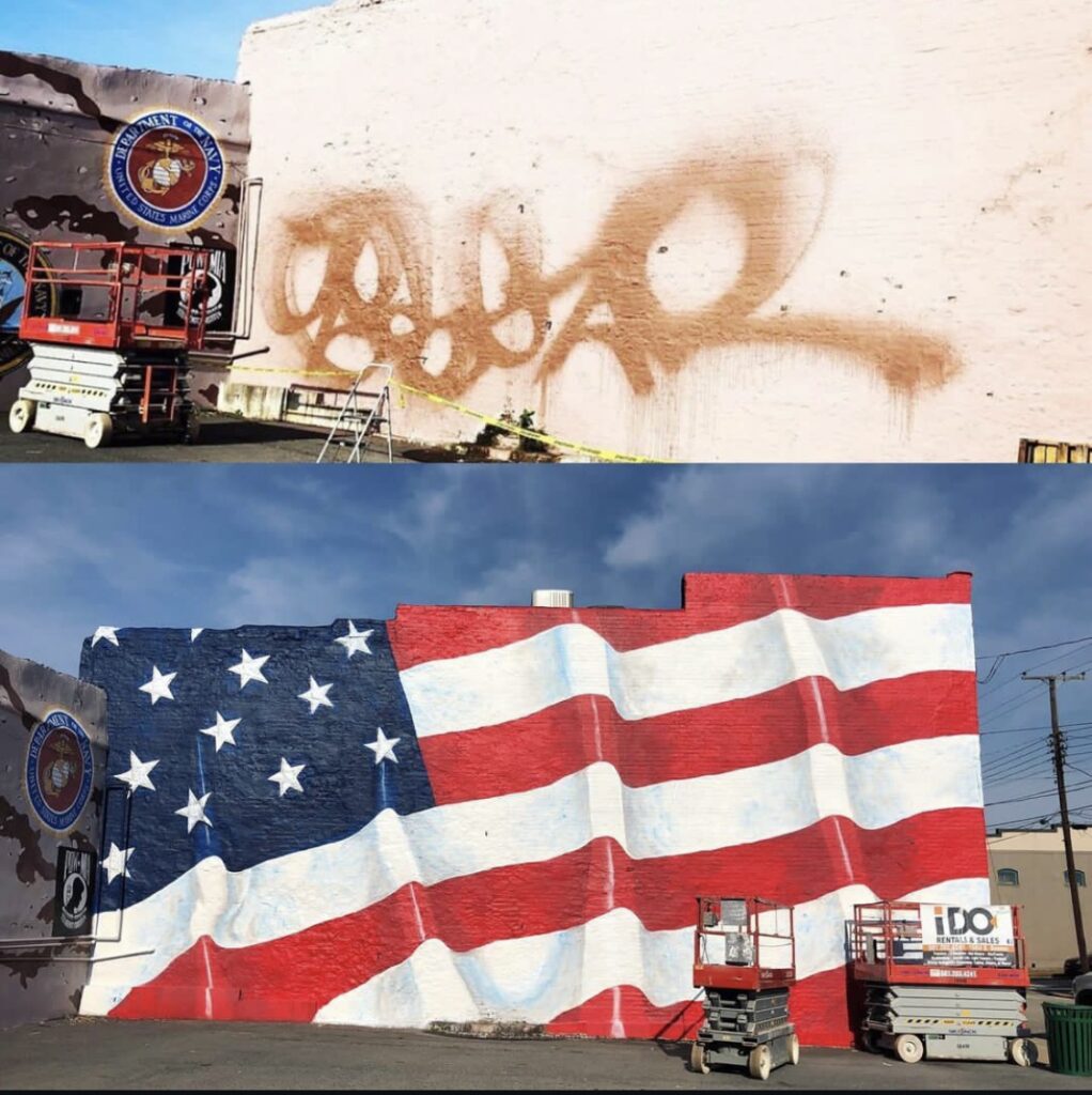 Before/After Vandalized wall to a dynamic American Flag.